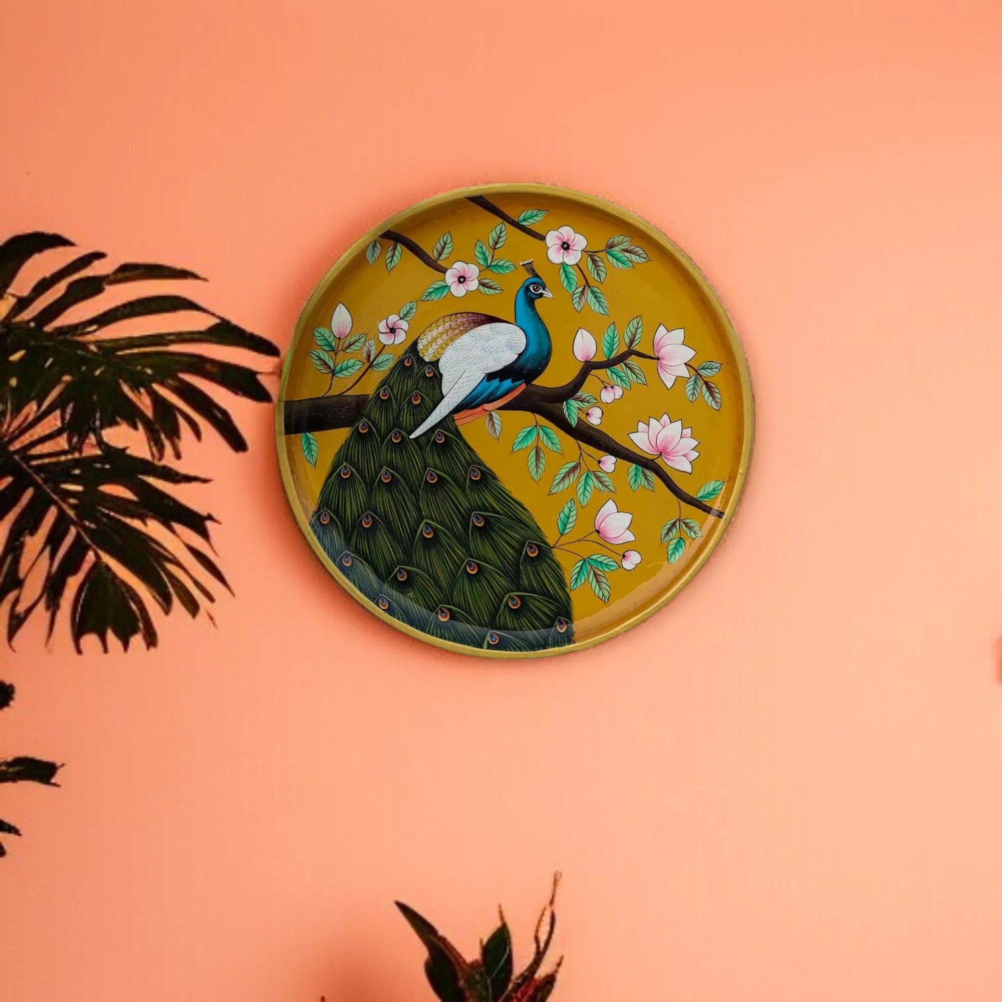 Hand-Painted Wooden Peacock Wall Plate