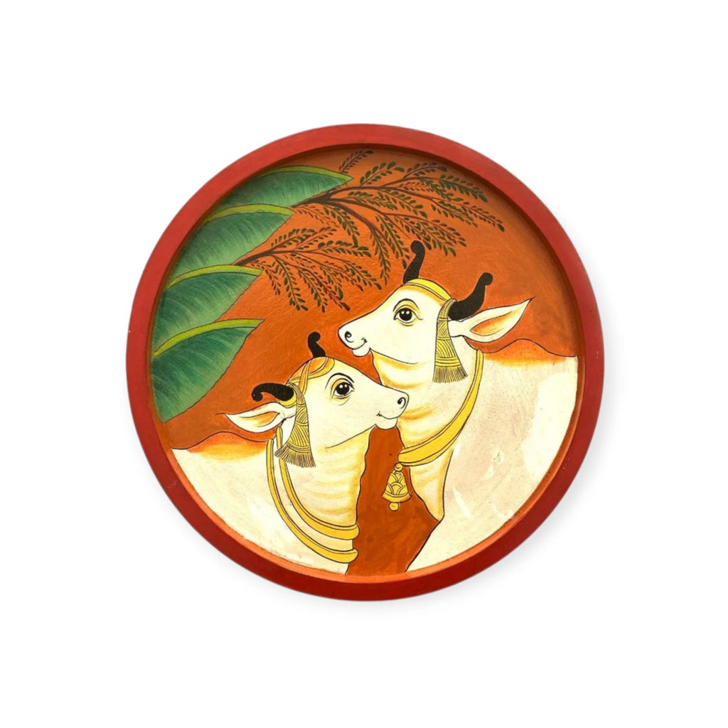 Hand Painted Wooden Round Plates Wall Cow Design