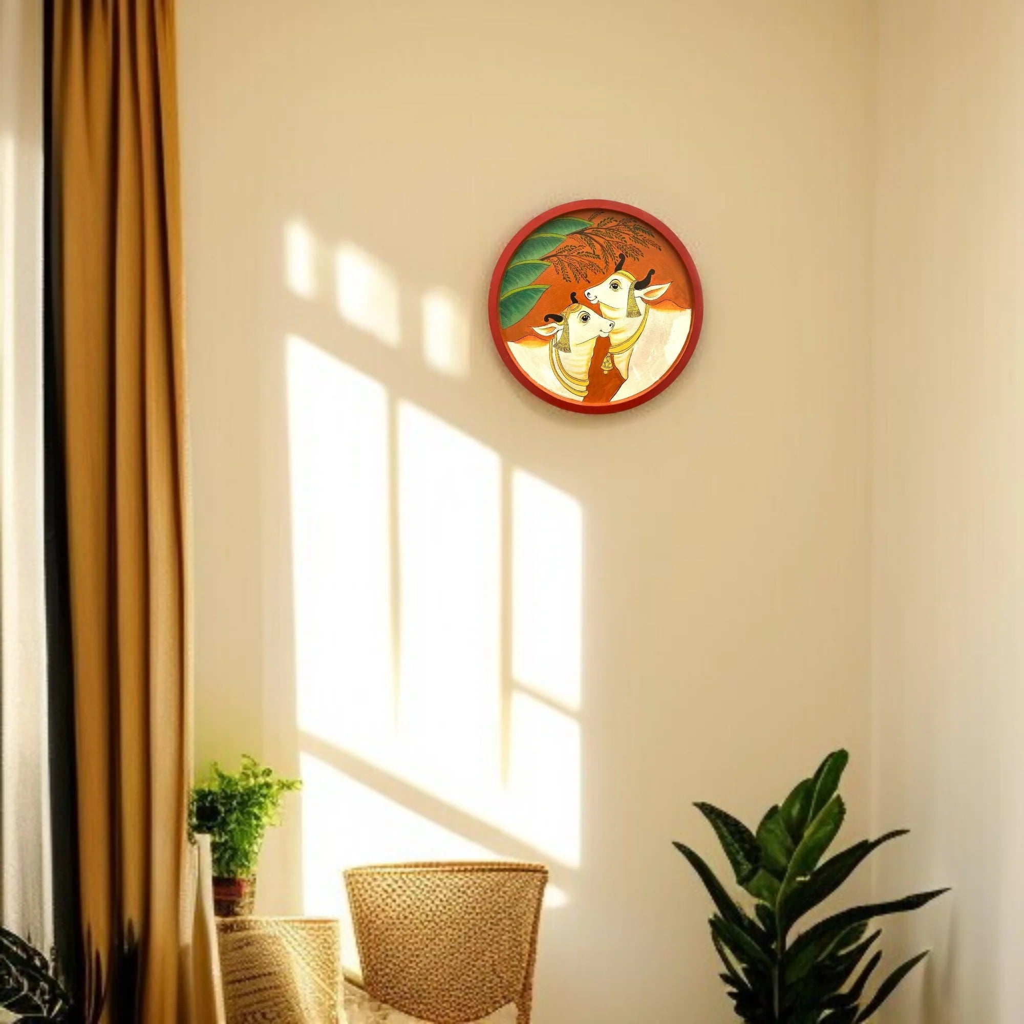 Hand Painted Wooden Round Plates Wall Cow Design Secondary image