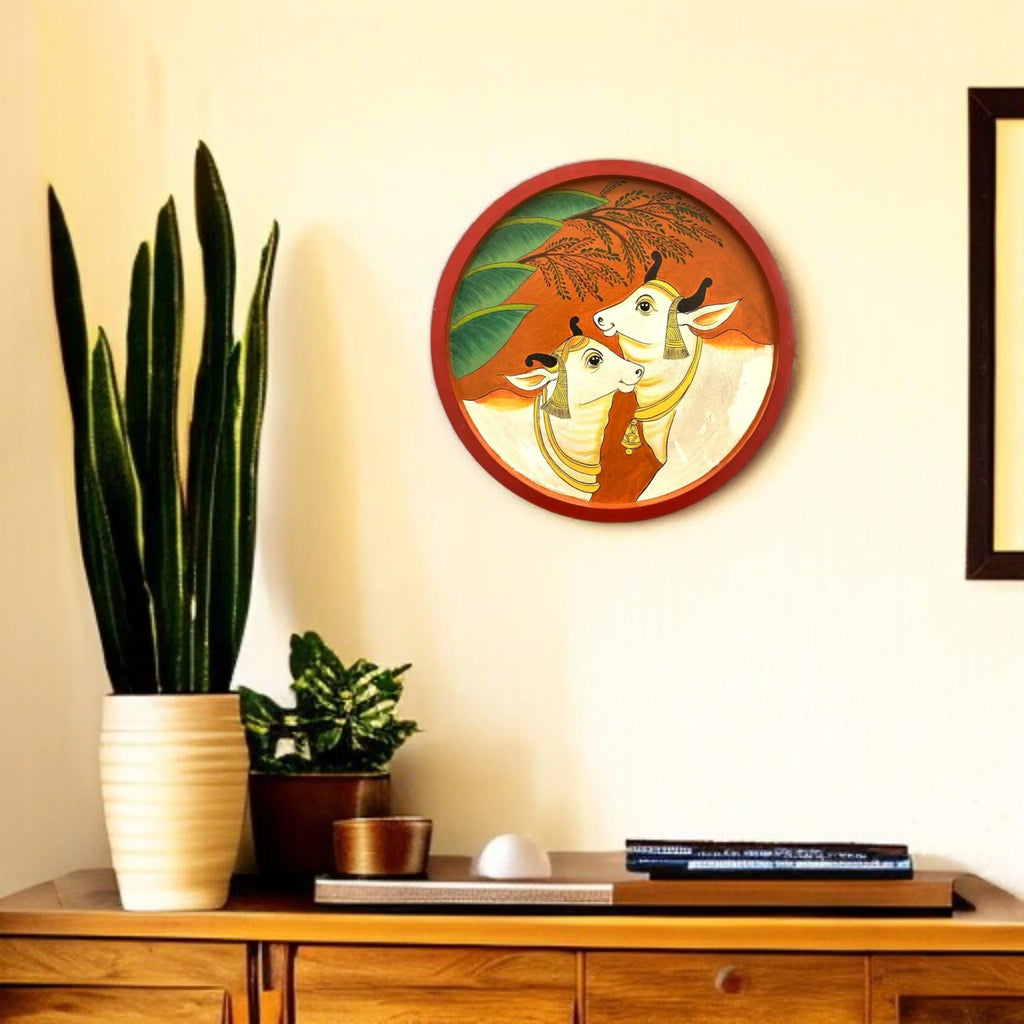 Hand Painted Wooden Round Plates Wall Cow Design