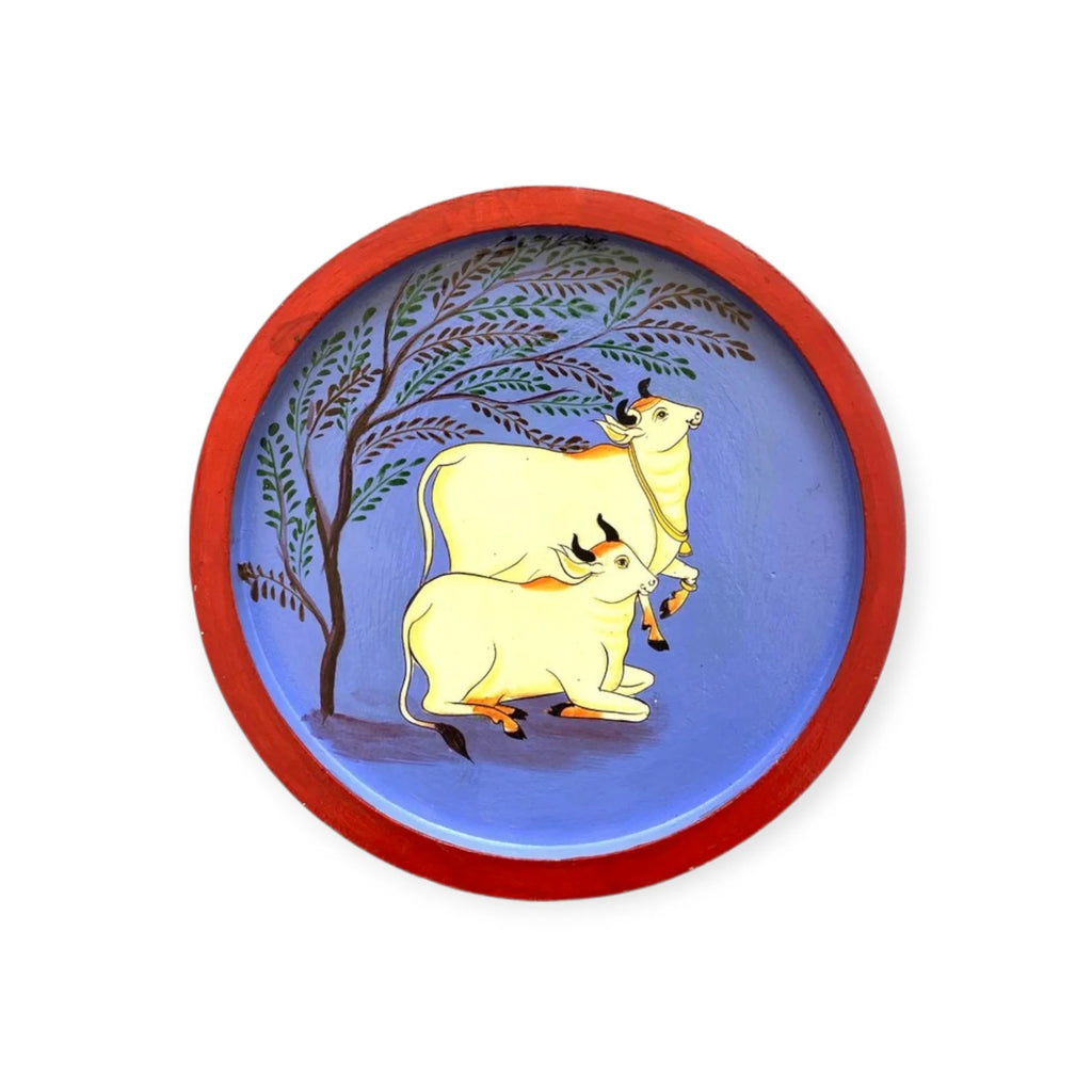 Wooden Round Plate Cows Resting Under Tree