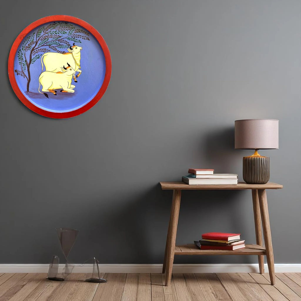 Wooden Round Plate Cows Resting Under Tree