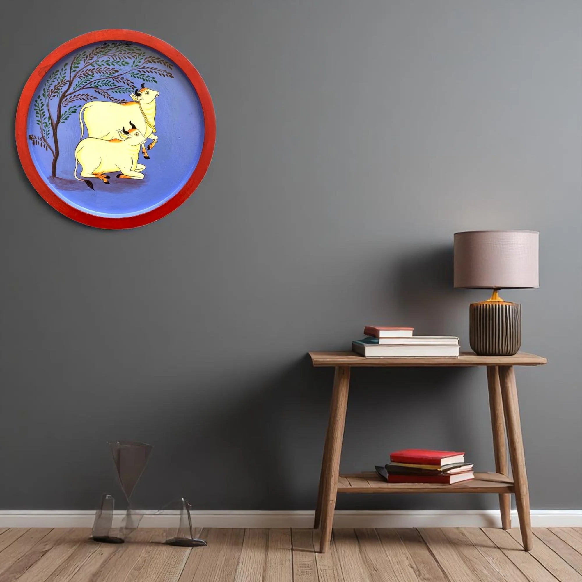 Wooden Round Plate Cows Resting Under Tree