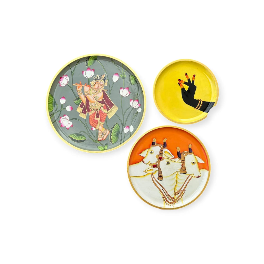 Hand Painted Pichwai Wooden Wall Plate Set