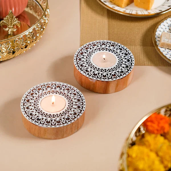 Wooden Hand Block Round Shape Diya pair Main image