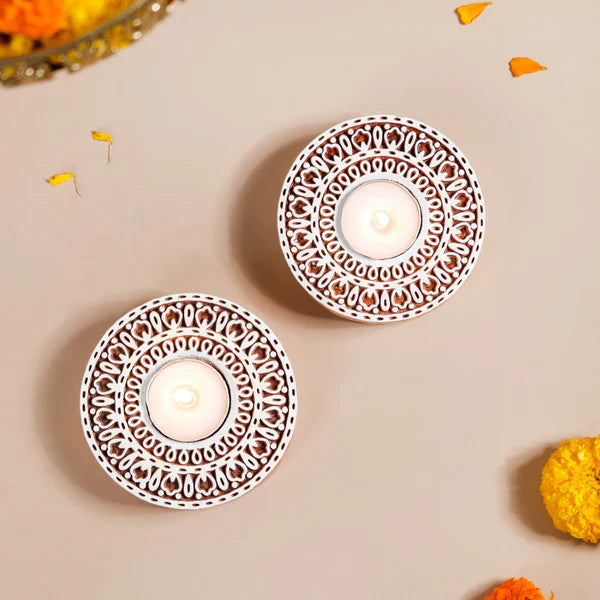 Wooden Hand Block Round Shape Diya pair Secondary image