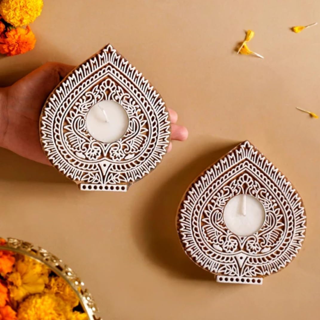 Wooden Hand Block Paan Shape Diya pair Secondary image