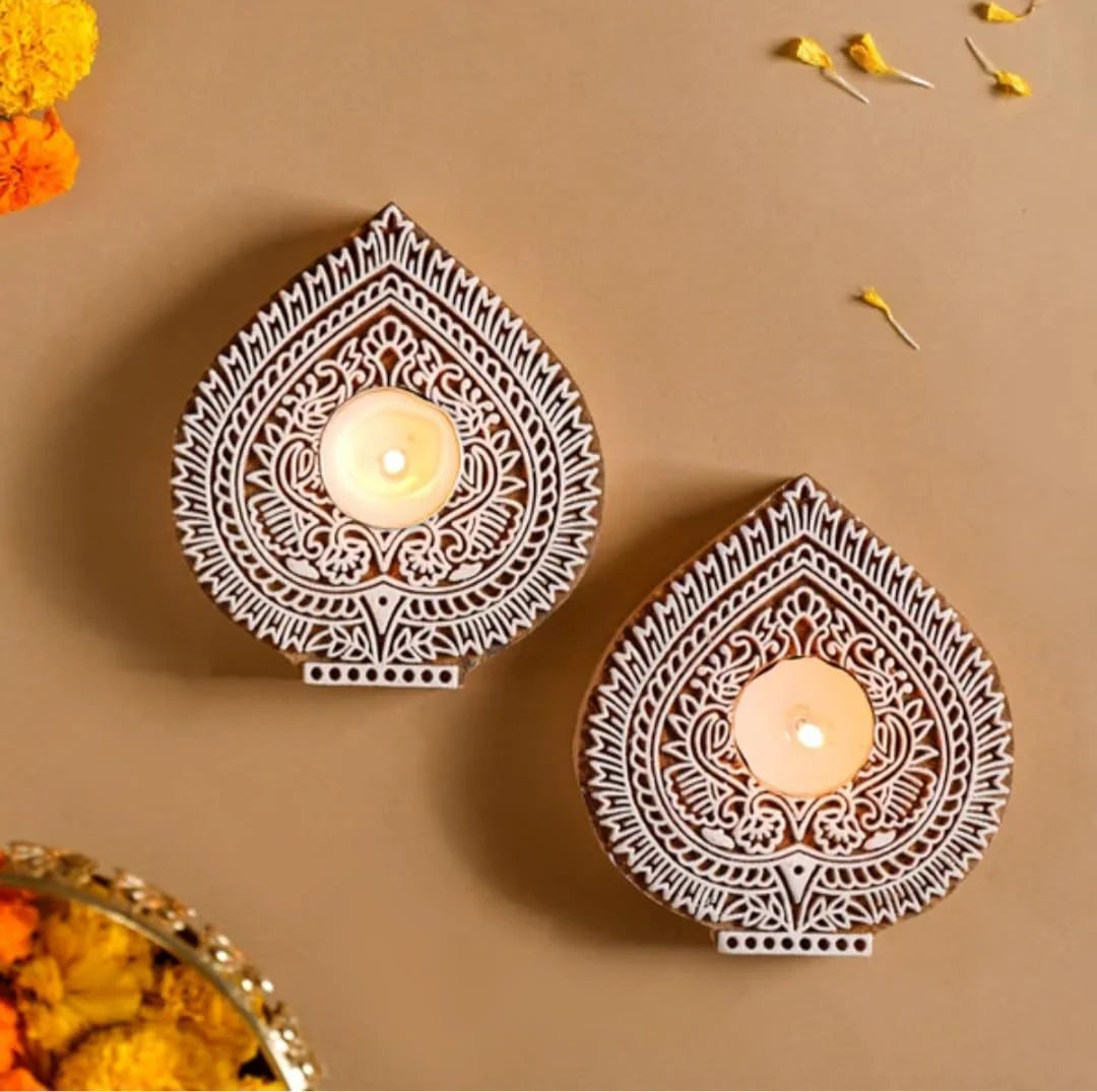 Wooden Hand Block Paan Shape Diya pair Main image