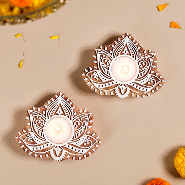 Wooden Hand Block Lotus Flower Shape Diya Pair Secondary image