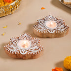 Wooden Hand Block Lotus Flower Shape Diya Pair