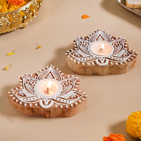 Wooden Hand Block Lotus Flower Shape Diya Pair Main image