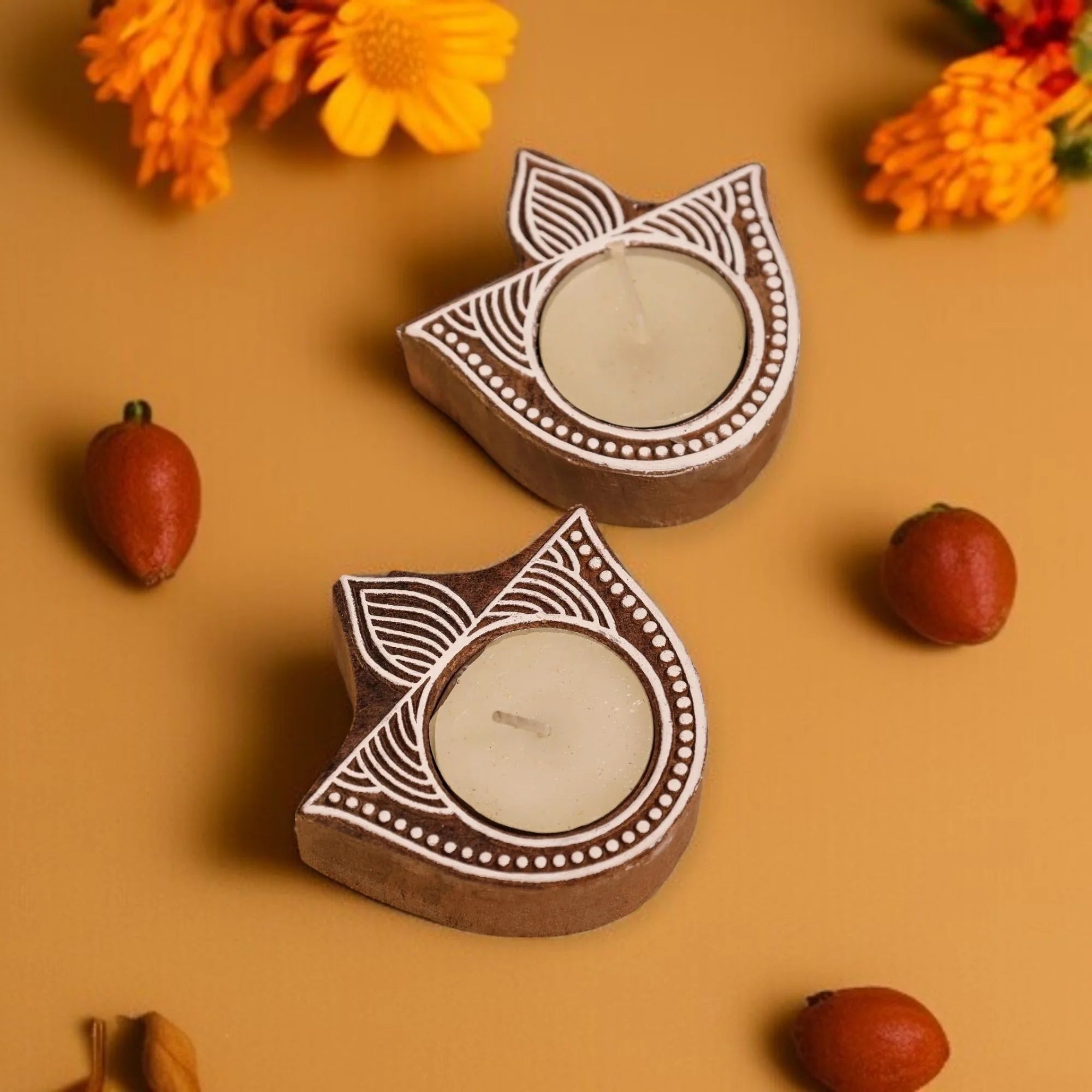 Wooden Hand Block Lotus Leaf Shape Diya Pair Secondary image