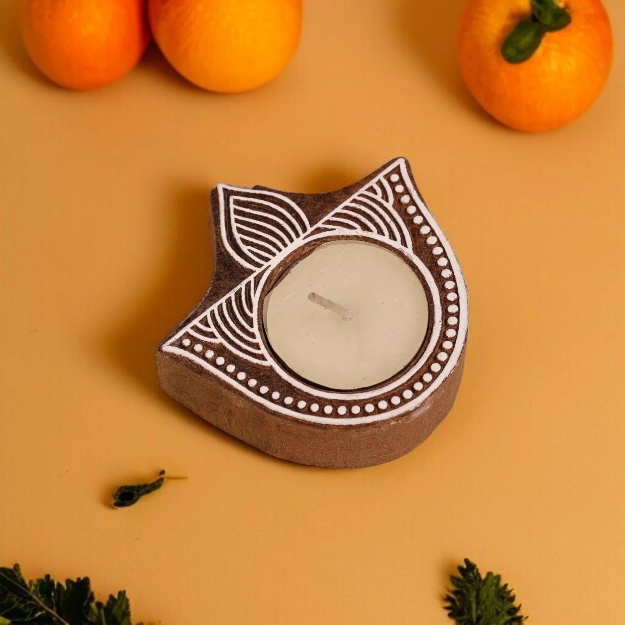 Wooden Hand Block Lotus Leaf Shape Diya Pair Main image