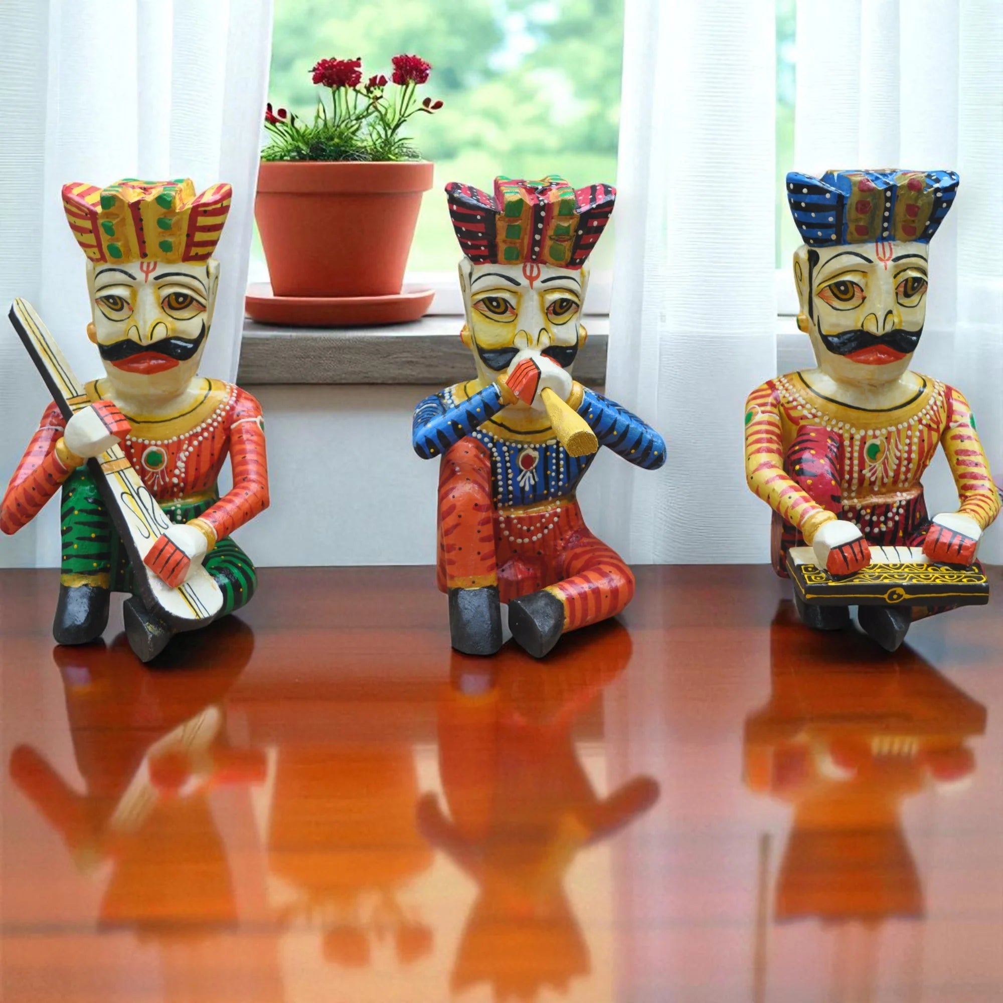Wooden Hand-Painted Sitting Musician Figurine set of 5, 24 Inches