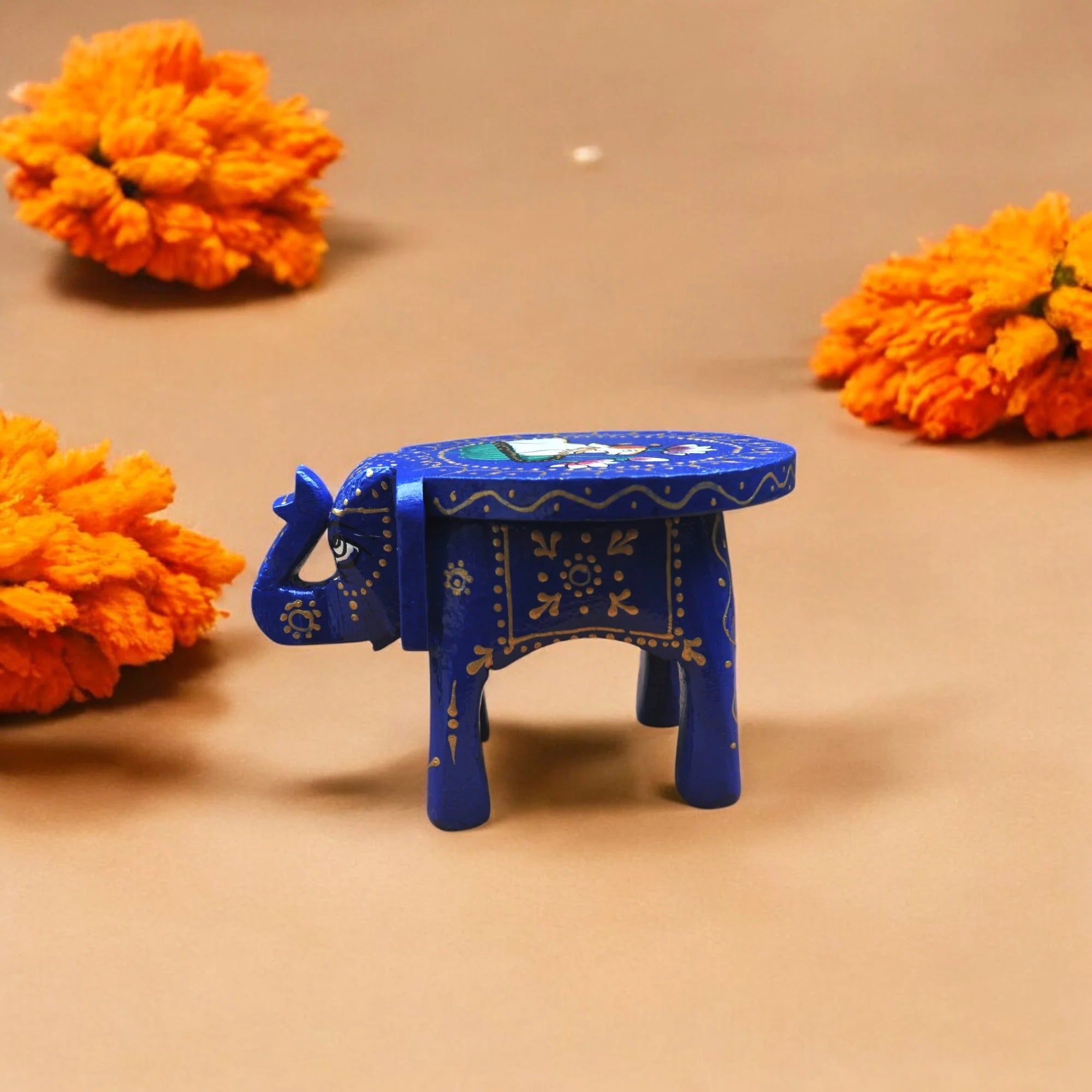 Wooden Hand Painted Elephant Stool - Blue Secondary image