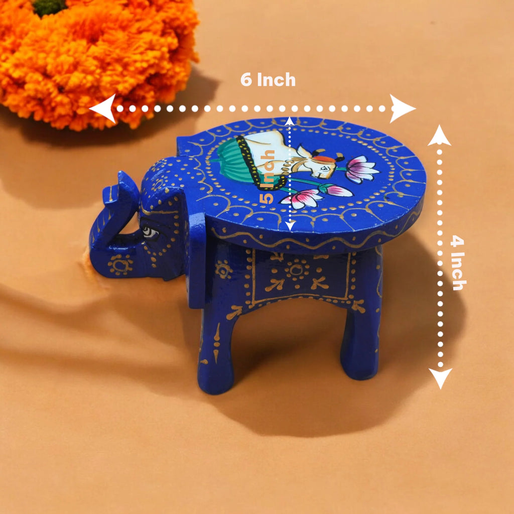 Wooden Hand Painted Elephant Stool - Blue