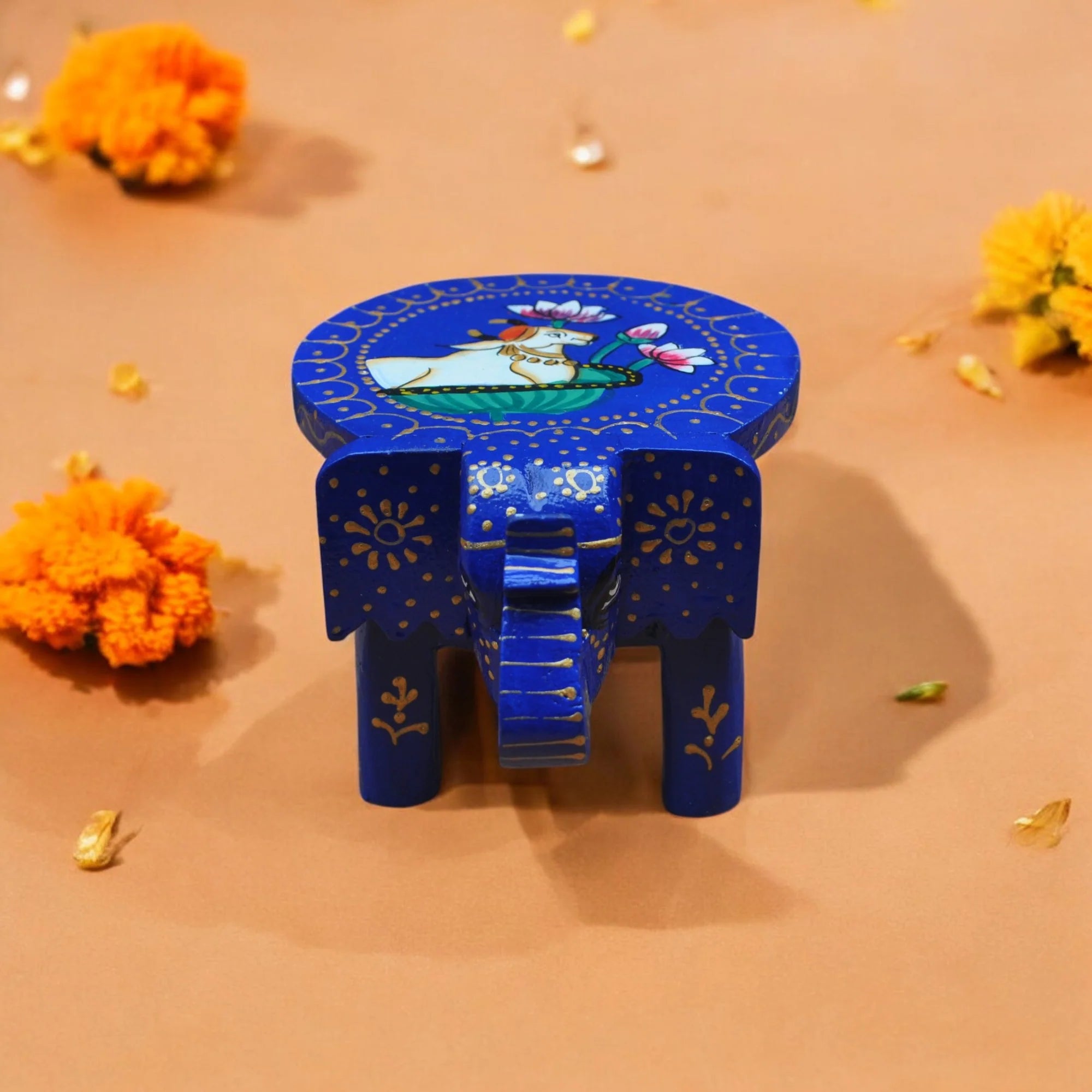Wooden Hand Painted Elephant Stool - Blue Main image