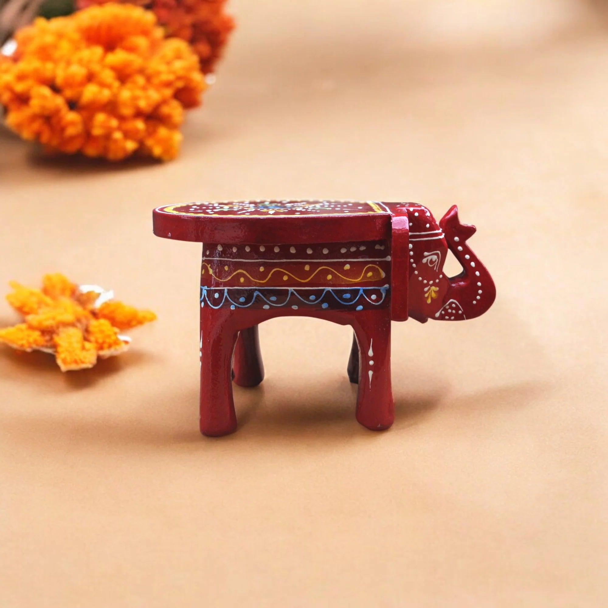 Wooden Hand Painted Small Elephant Stool - Red Secondary image