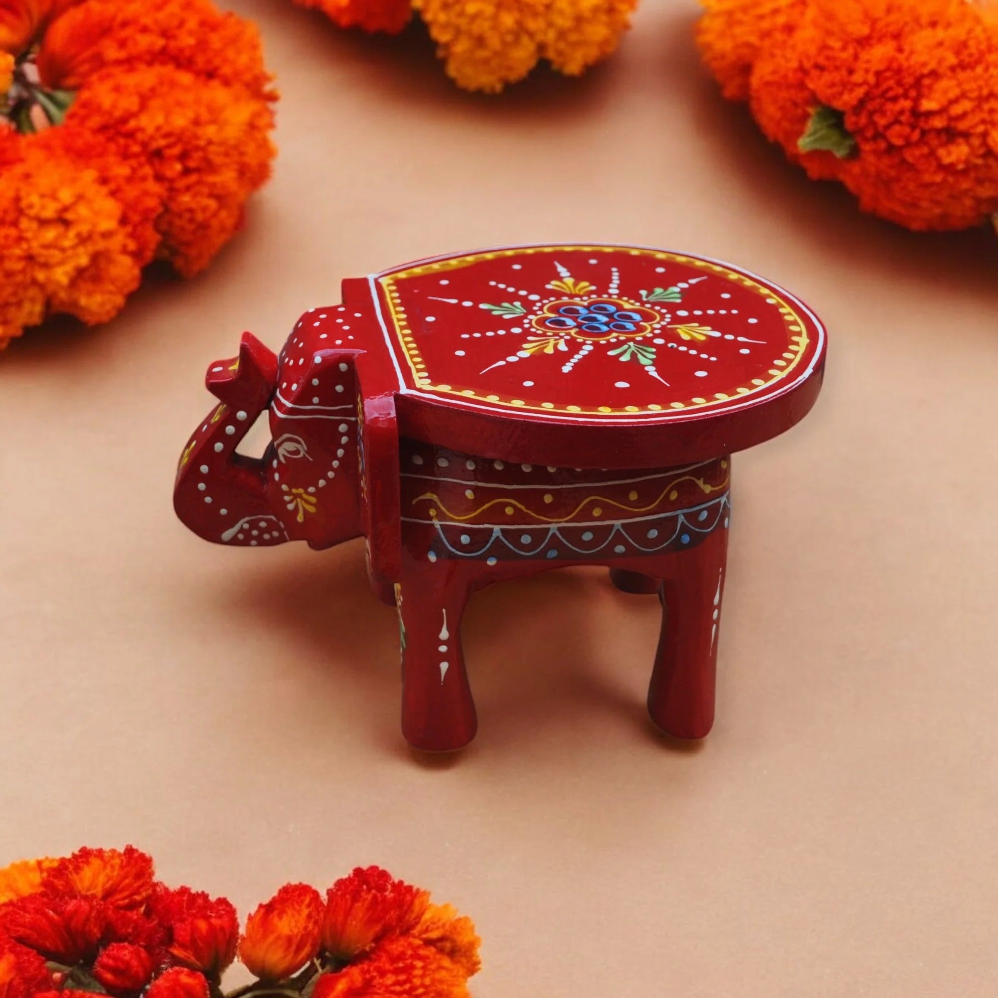 Wooden Hand Painted Small Elephant Stool - Red