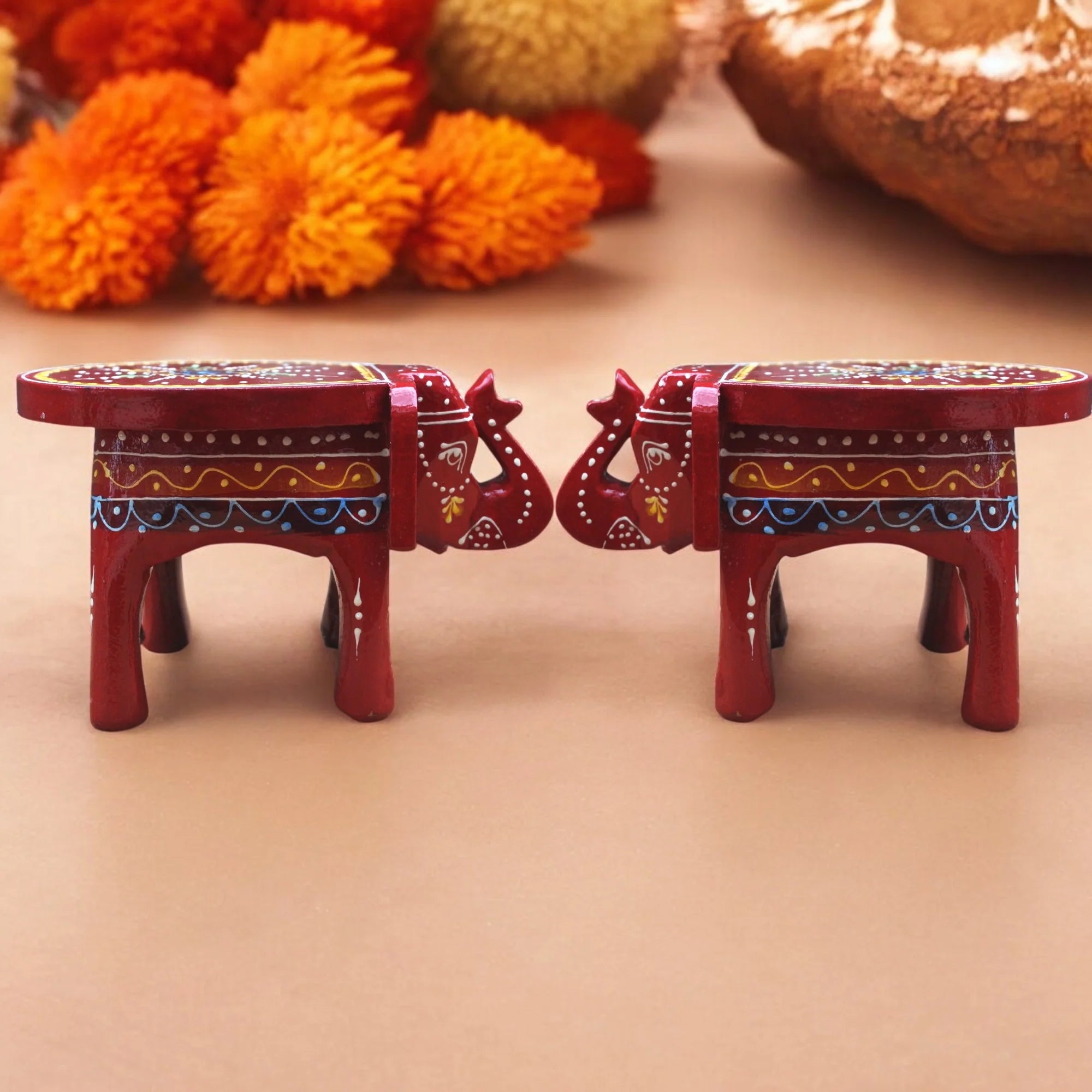 Wooden Hand Painted Small Elephant Stool - Red