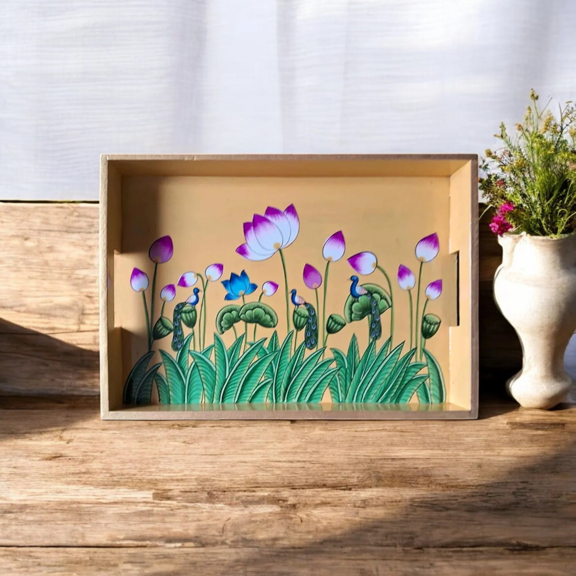Wooden Hand Painted Serving Tray With Flowers Leaves And Peacocks Design Main image