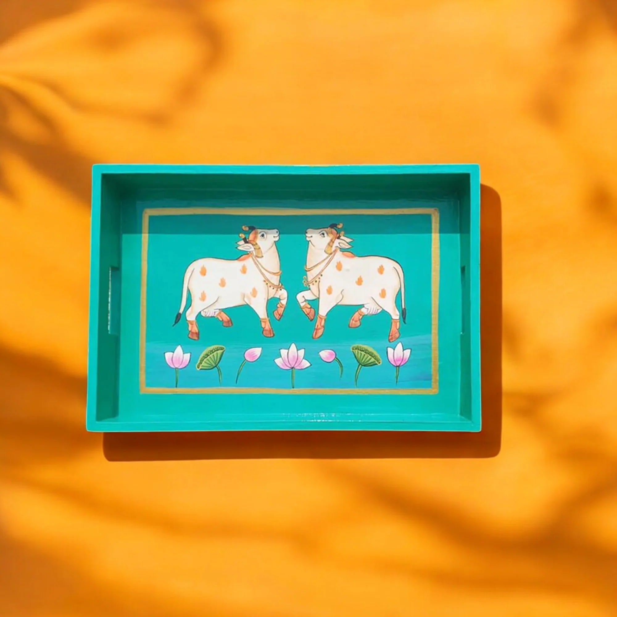 Wooden Hand Painted Serving Tray With Two Elegant Cow Design Secondary image