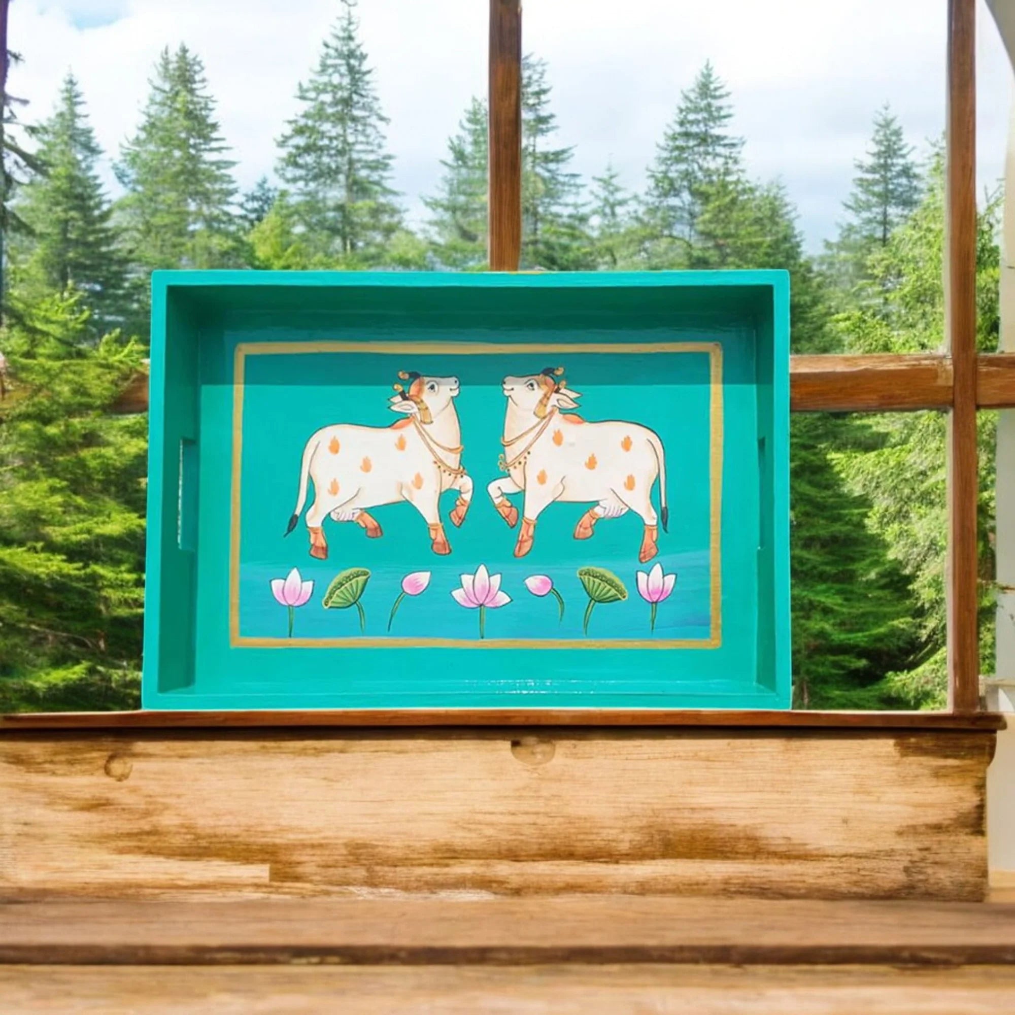 Wooden Hand Painted Serving Tray With Two Elegant Cow Design Main image