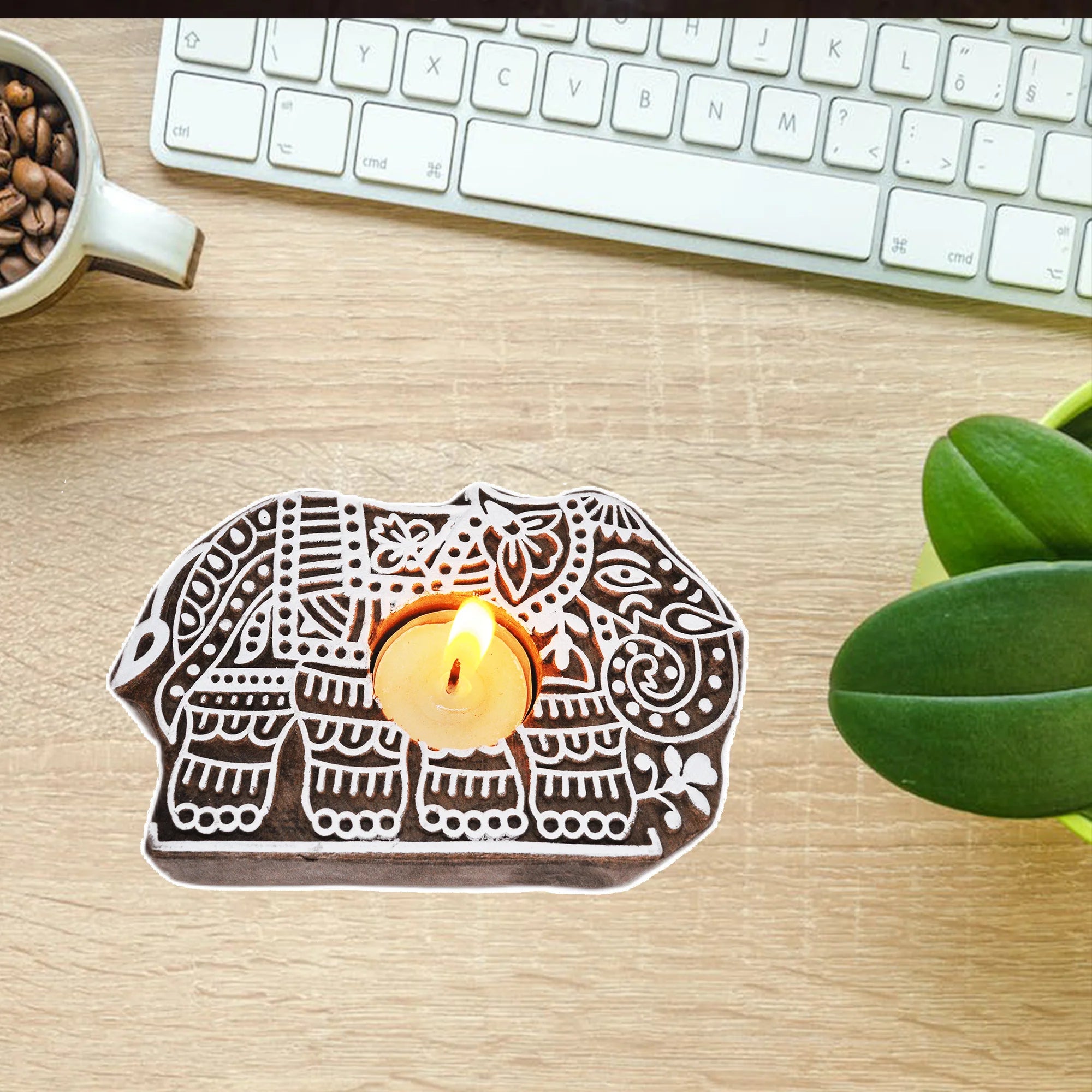 Wooden Hand block Elephant Shape Diya pair Secondary image