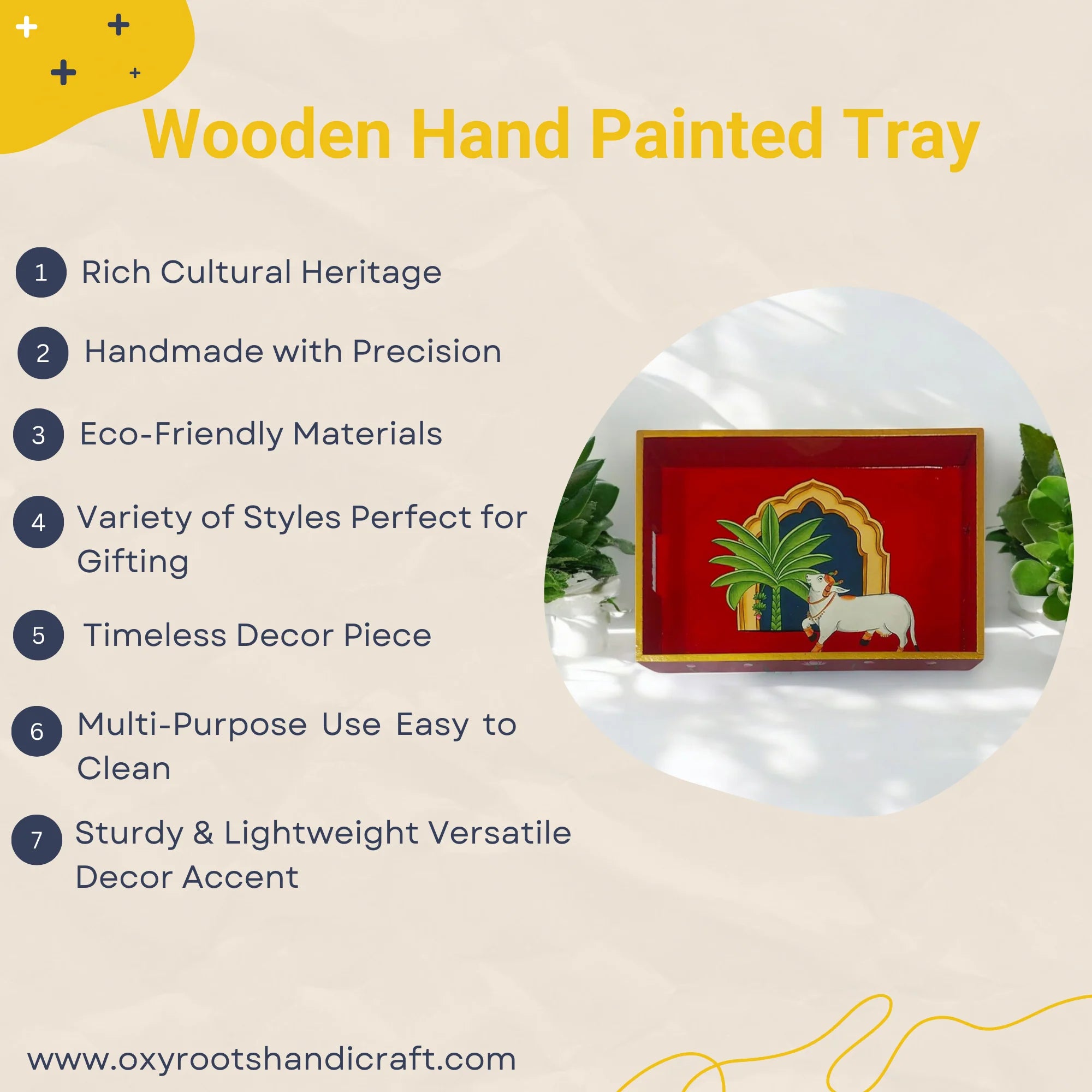 Wooden Hand Painted Serving Tray With Cow Design