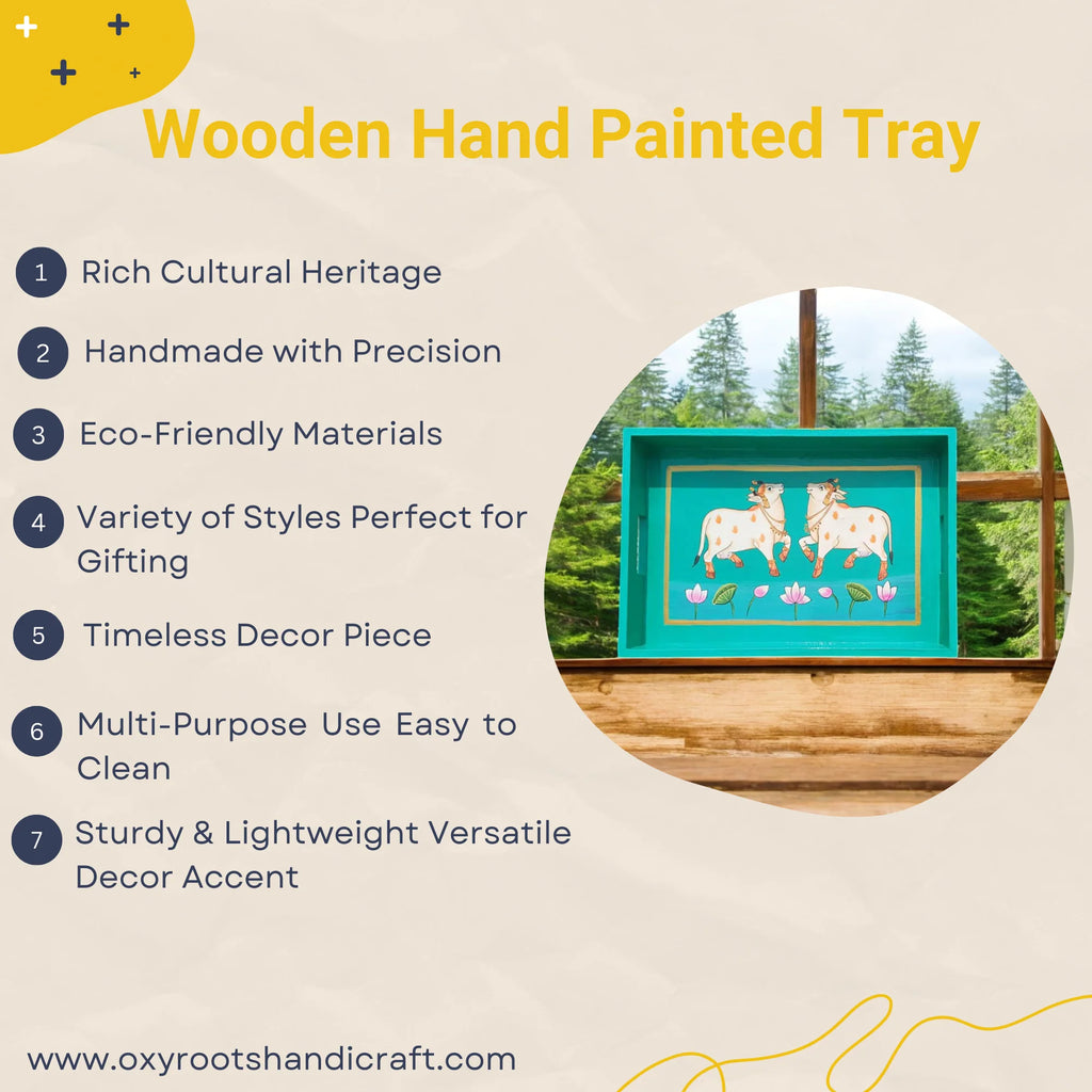 Wooden Hand Painted Serving Tray With Two Elegant Cow Design