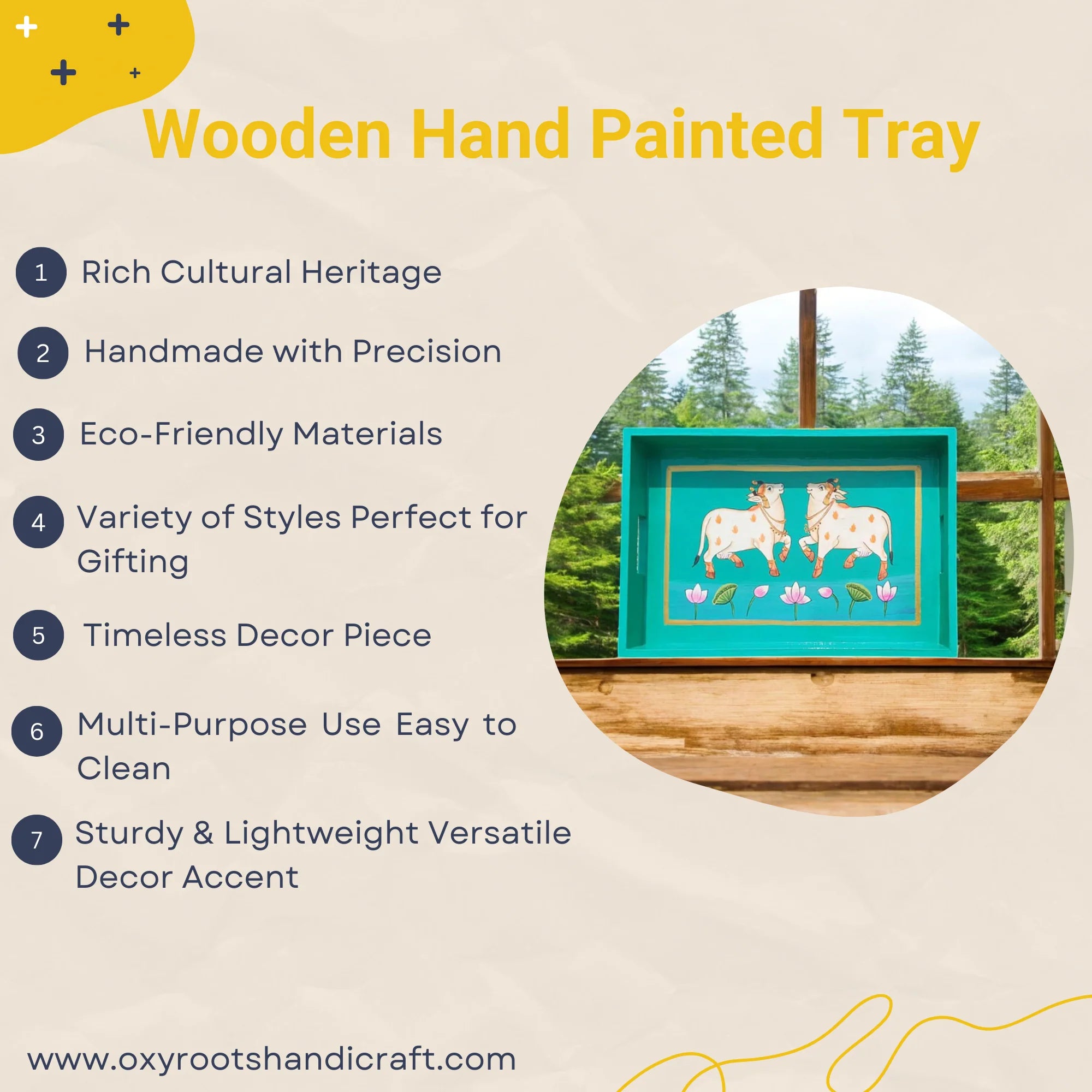 Wooden Hand Painted Serving Tray With Two Elegant Cow Design