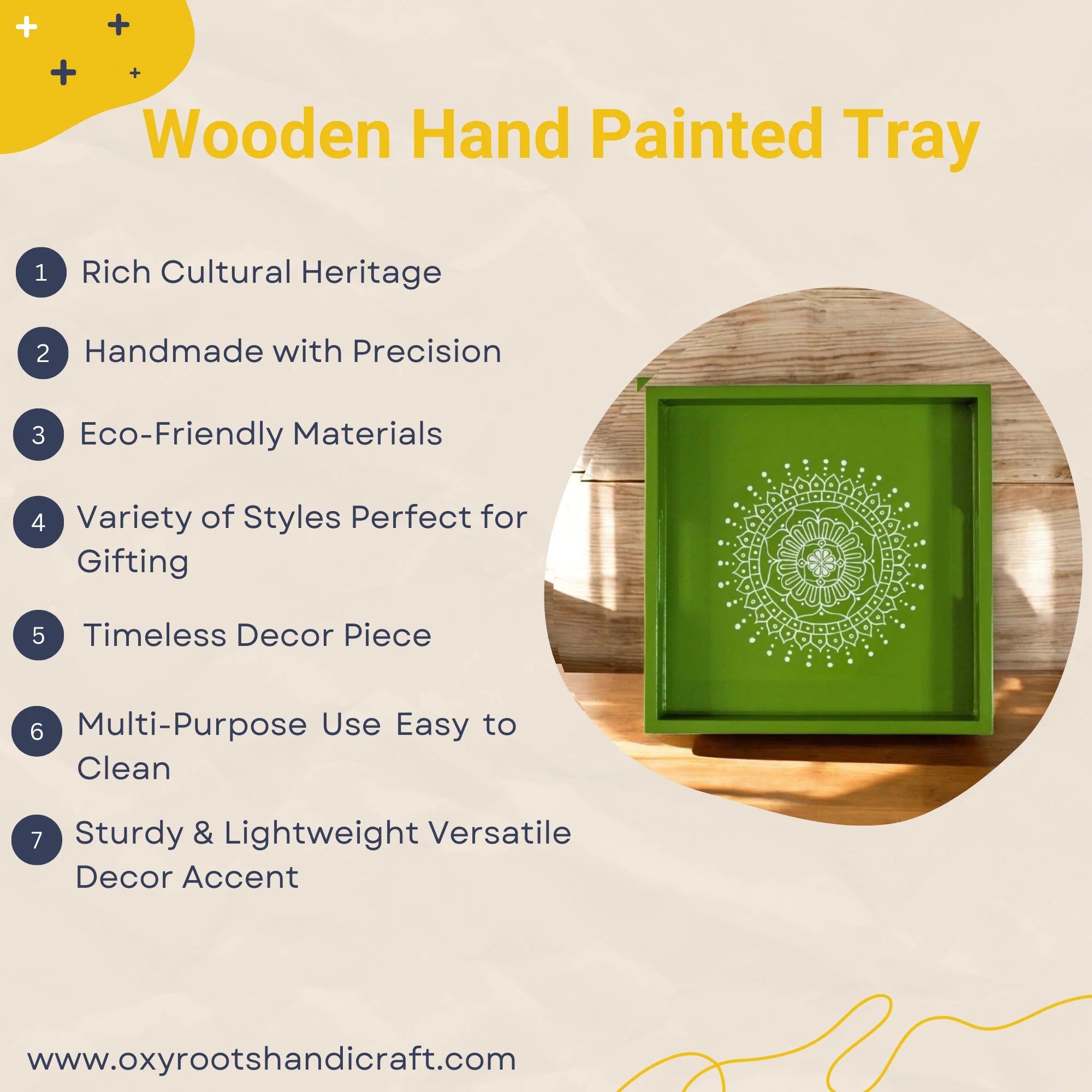 Wooden Hand Painted Serving Tray With Traditional Indian Design