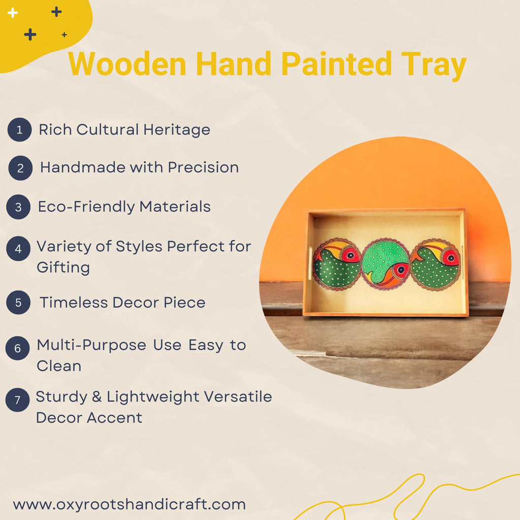 Wooden Hand Painted Serving Tray With Three Fish Design