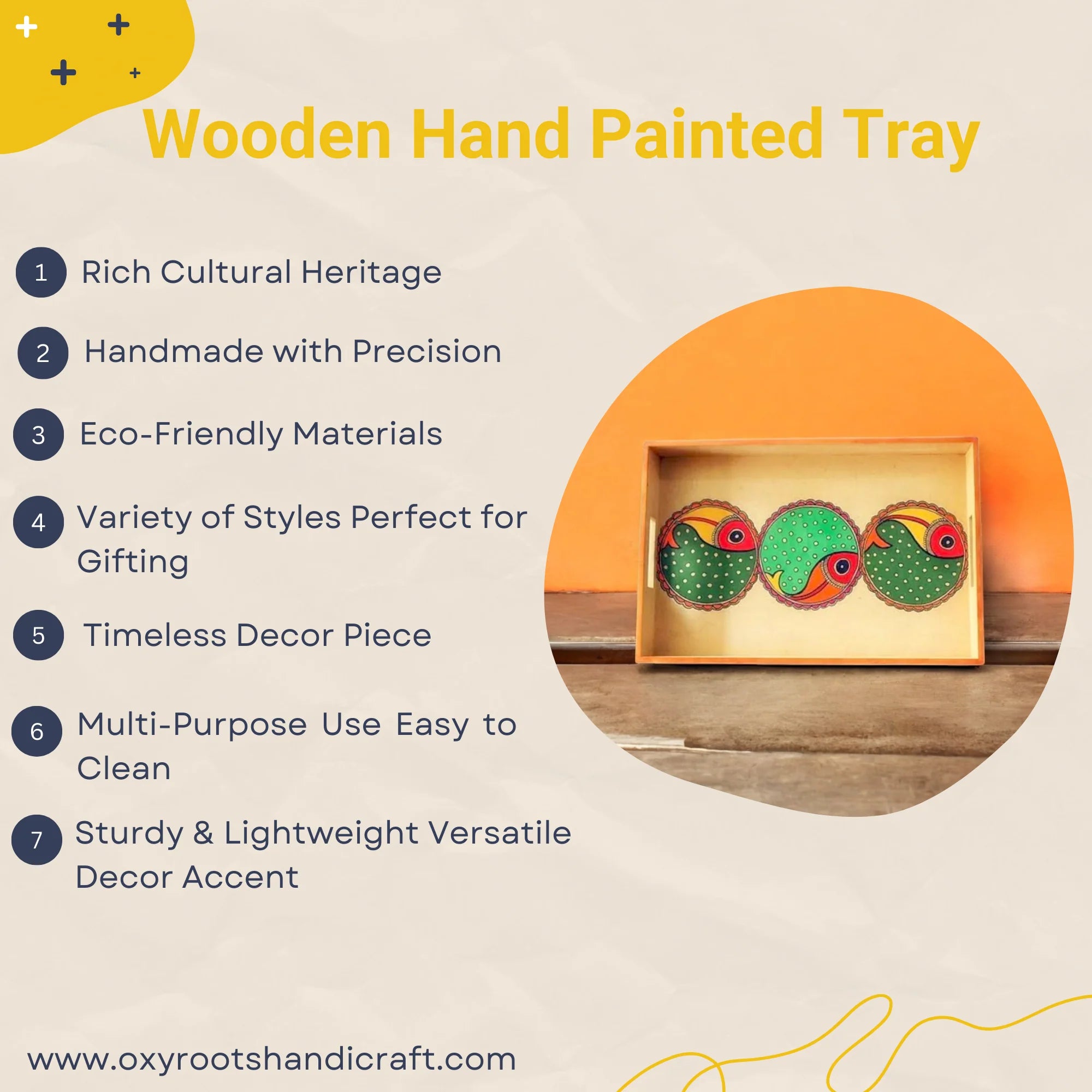 Wooden Hand Painted Serving Tray With Three Fish Design