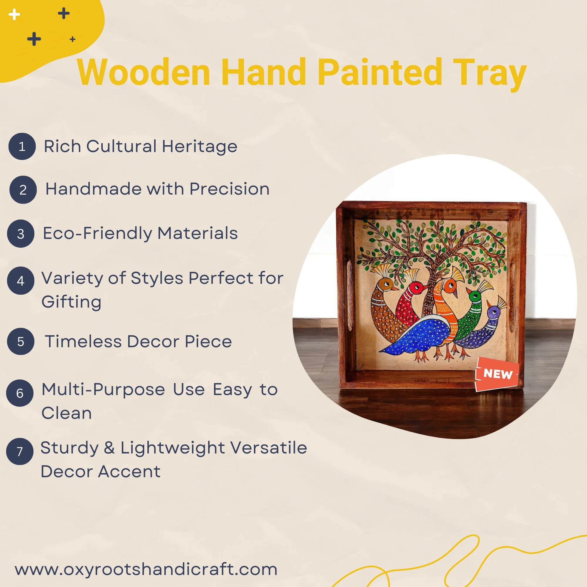 Wooden Hand Painted Serving Tray Peacock Design