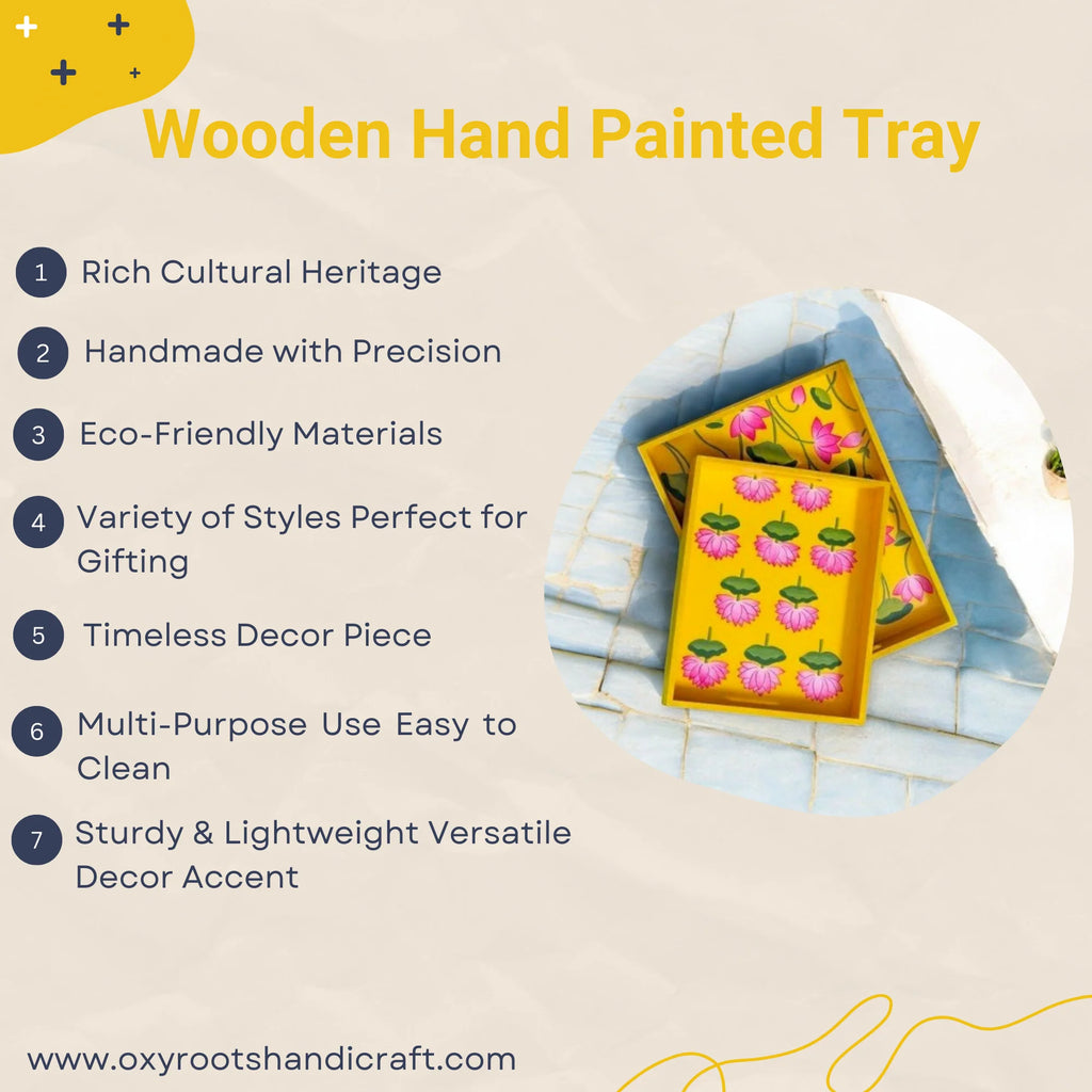 Wooden Hand Painted Serving Tray With Pink Lotus Design