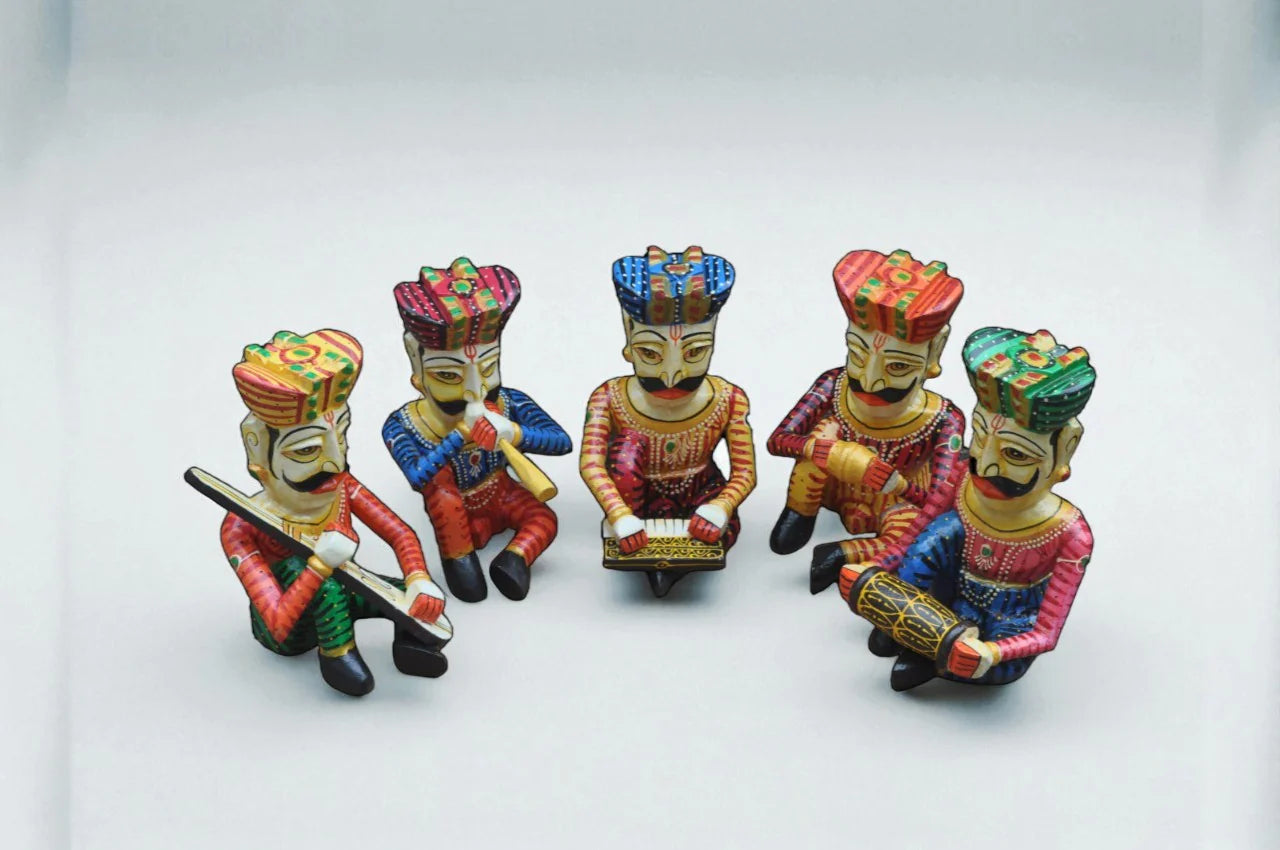 Wooden Hand-Painted Sitting Musician Figurine set of 5, 12 Inches