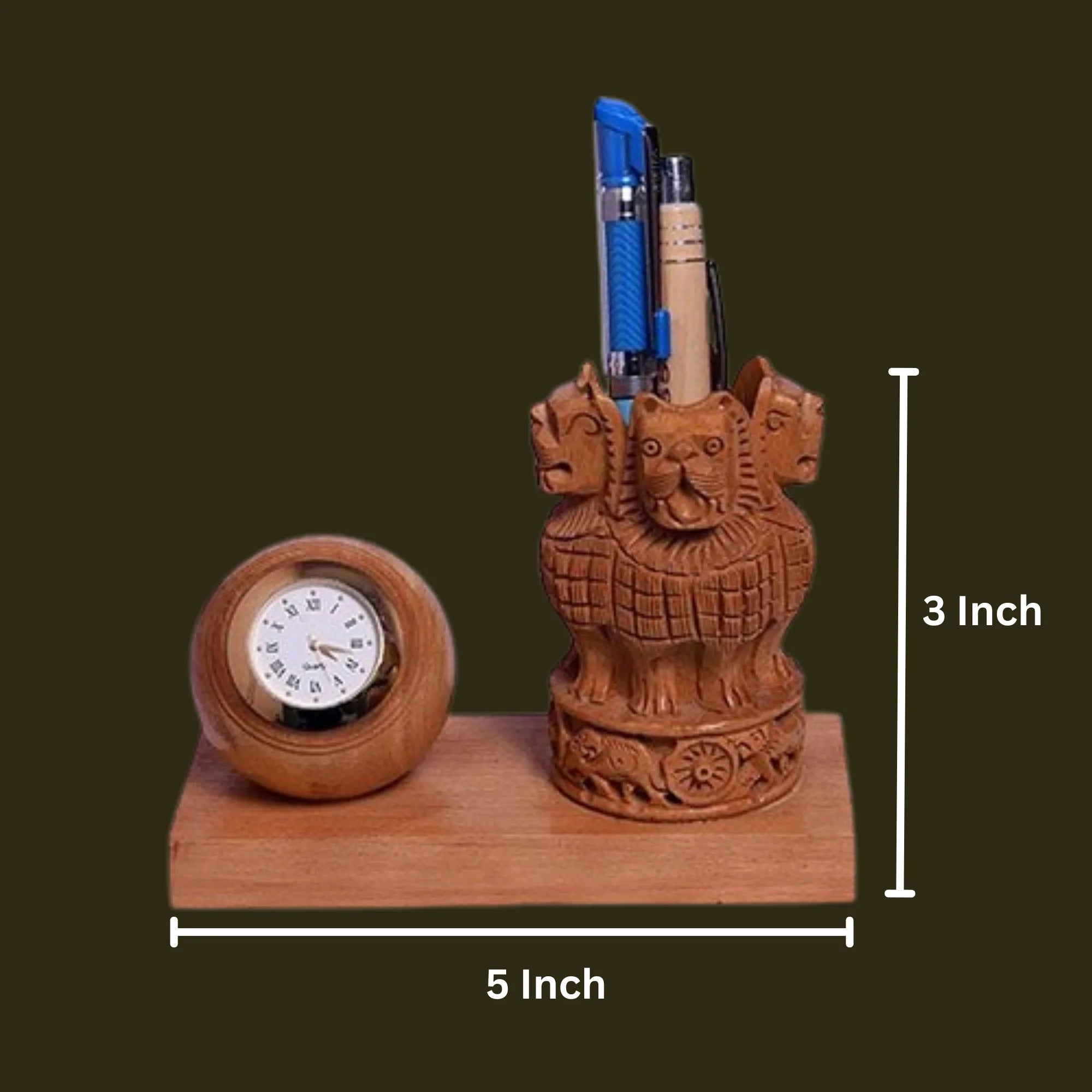 Wooden Watch Carved Pen Holder Table Top Décor