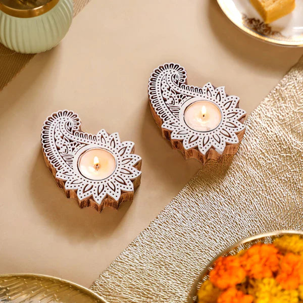 Wooden Hand block Shankh Shape Diya 2 pc Main image
