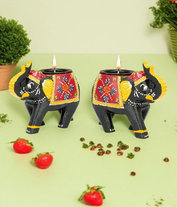 Wooden Elephant Tea Light Candle Holder Decor set of 2 pc Main image