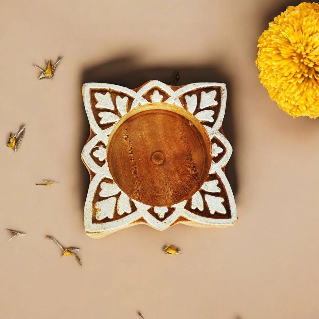 Wooden Small hand Block Diya square set of 7 pc
