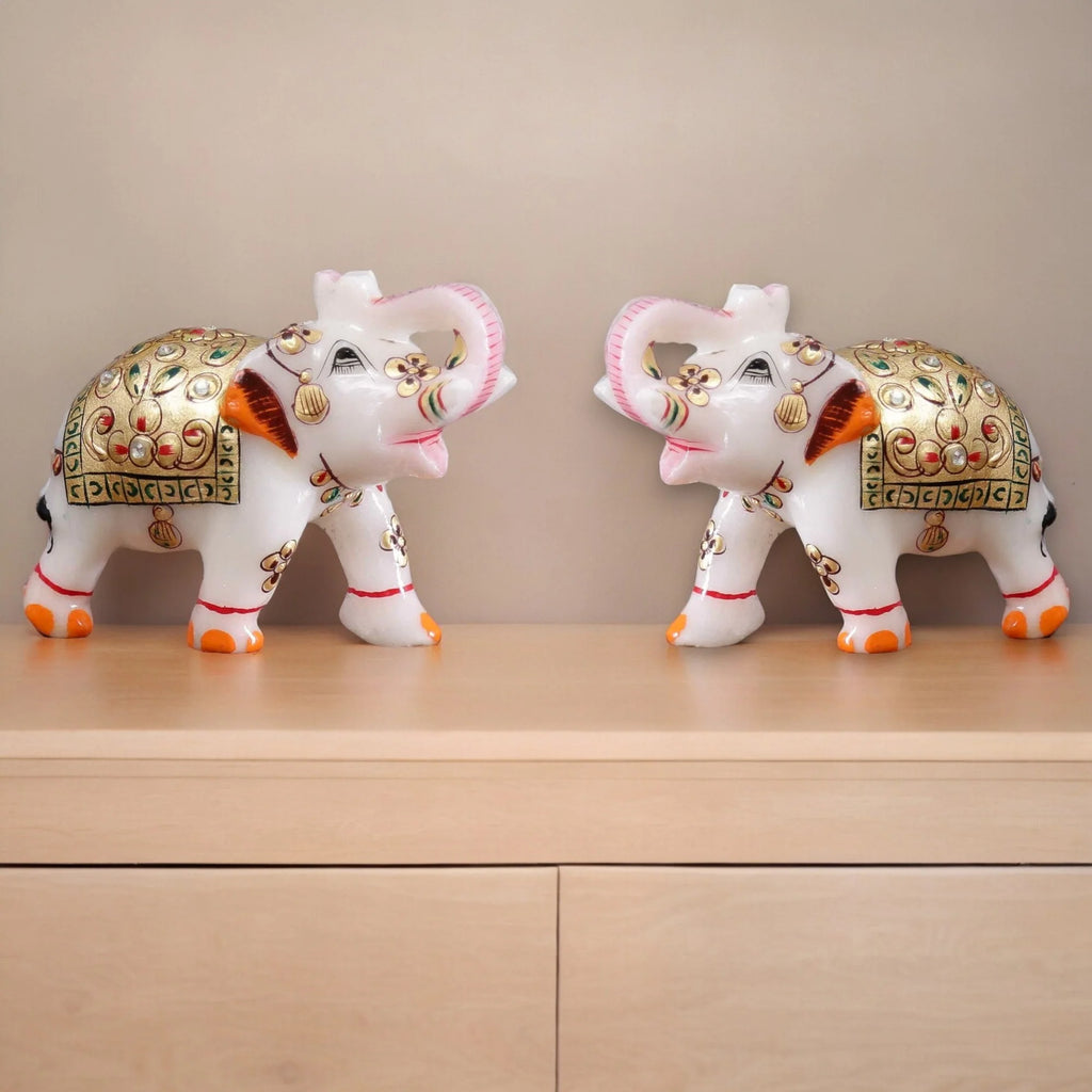 White Marble Elephant Statue Home Decor pair- 2 Inches