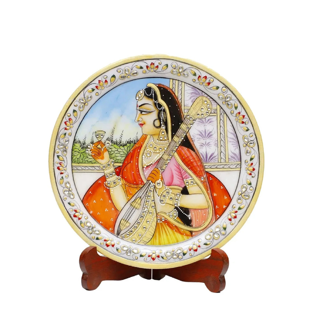 Marble Round Meera Plate With Wood Stand