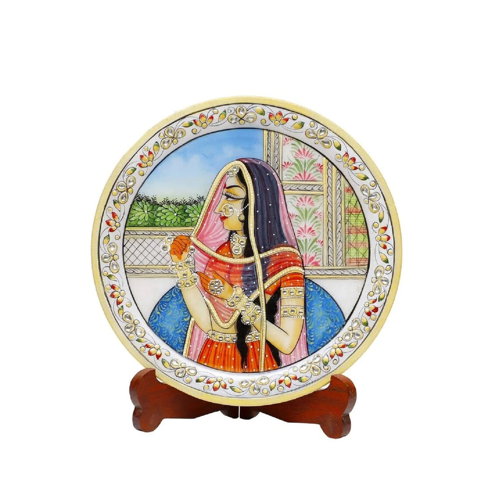 Marble Round Mugal Lady Plate With Wood Stand