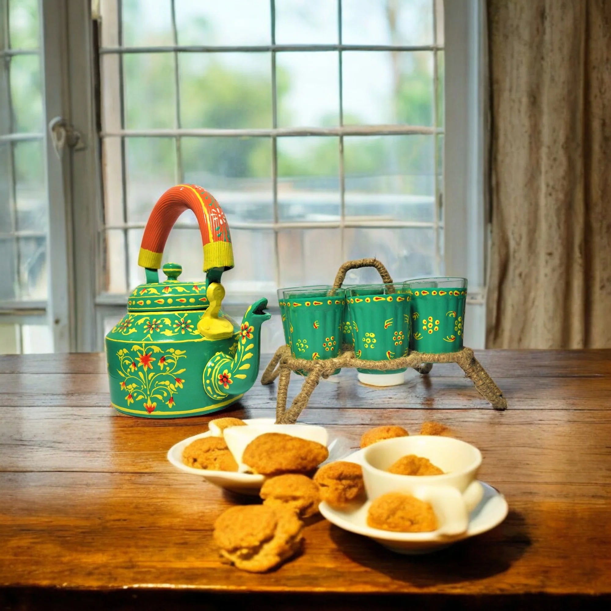 Hand Painted Aluminium Kettle Jute Stand 6 Glass Set - Green