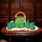 Hand Painted Aluminium Kettle Jute Stand 6 Glass Set - Green