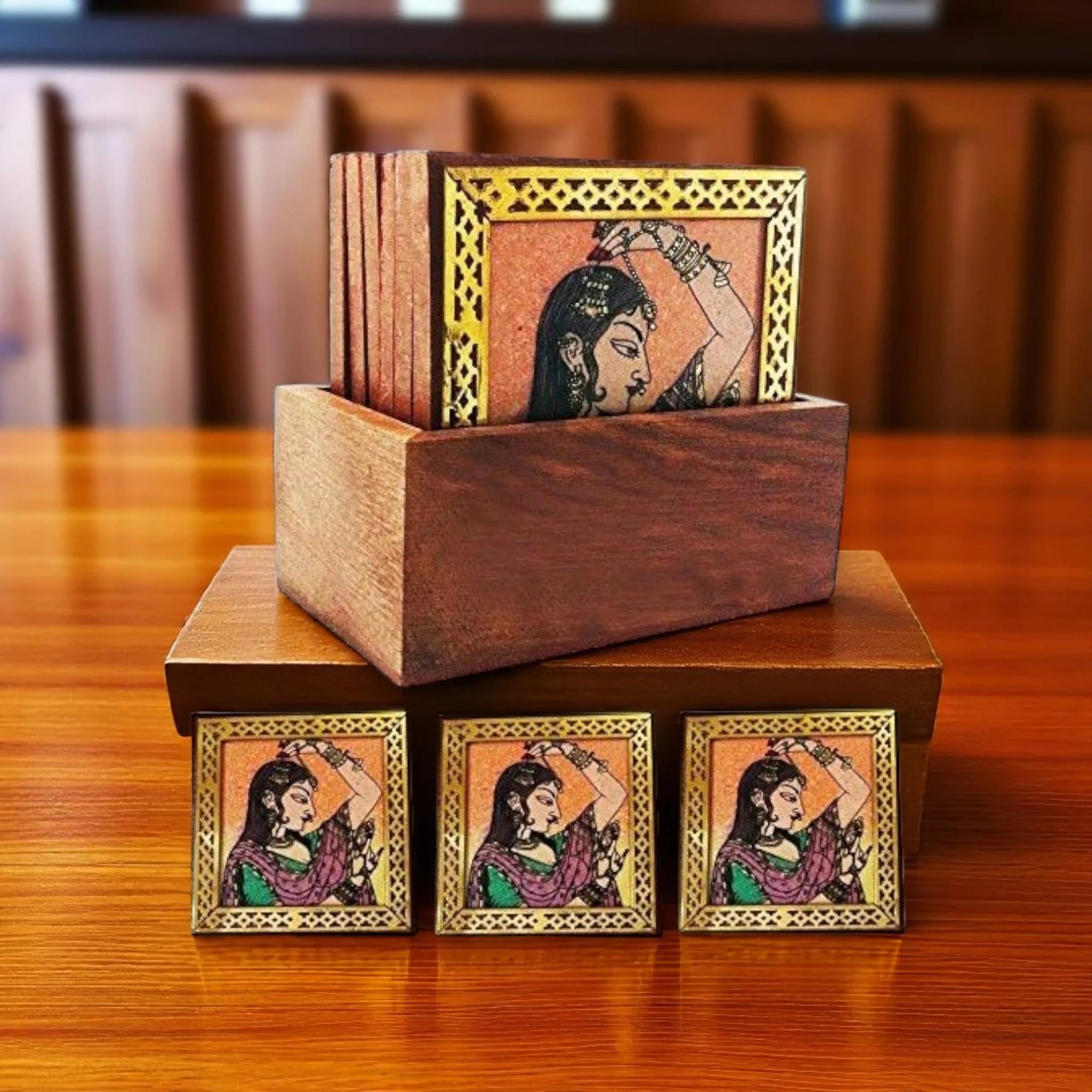 Wooden Coaster Bride Woman Painting Plates Set Of 6 Secondary image