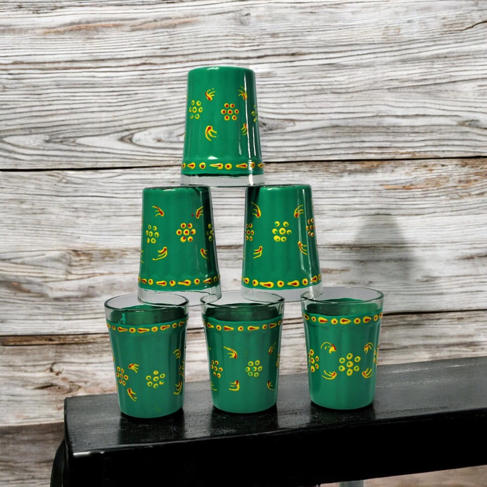 Hand Painted Aluminium Kettle Jute Stand 6 Glass Set - Green