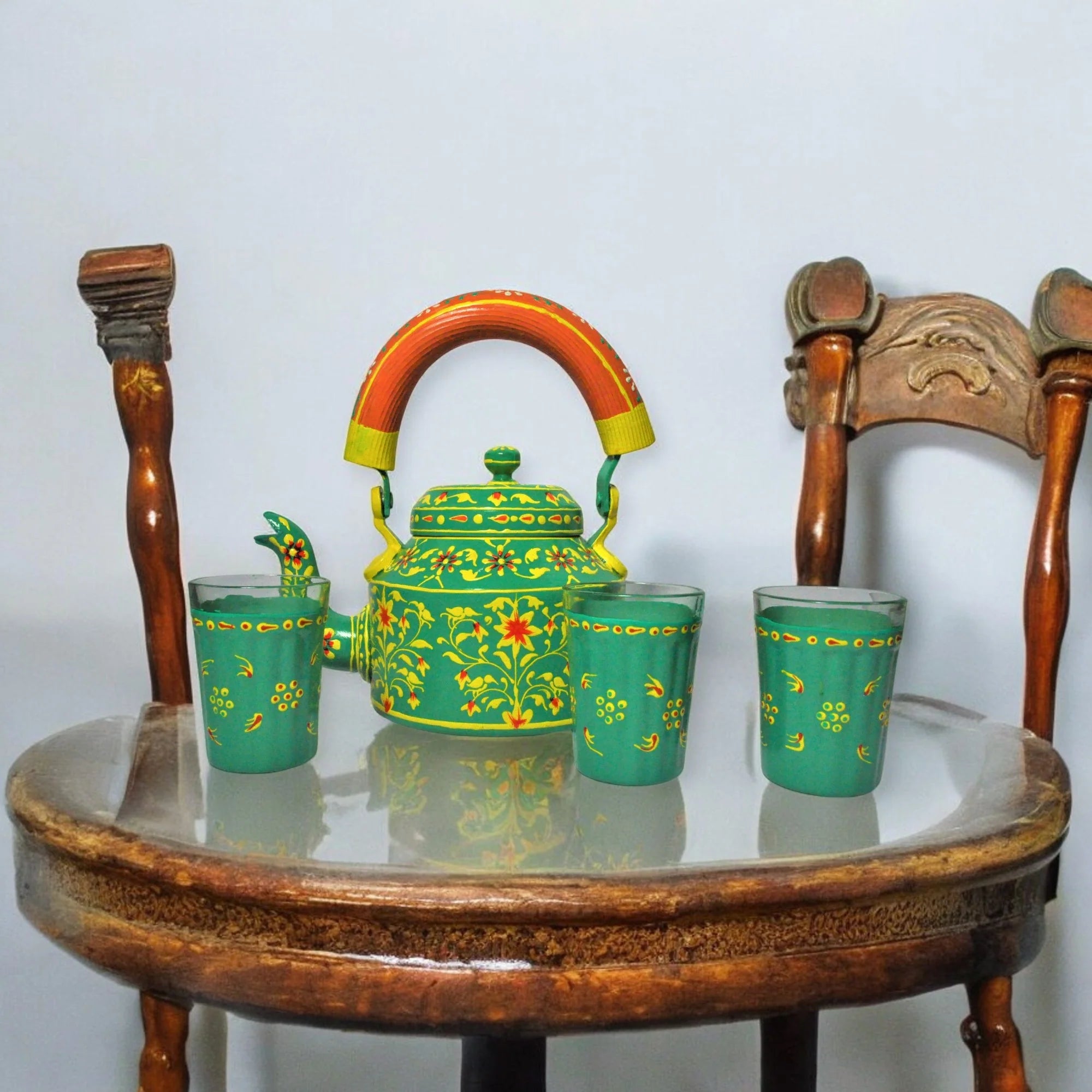 Hand Painted Aluminium Kettle Jute Stand 6 Glass Set - Green Main image
