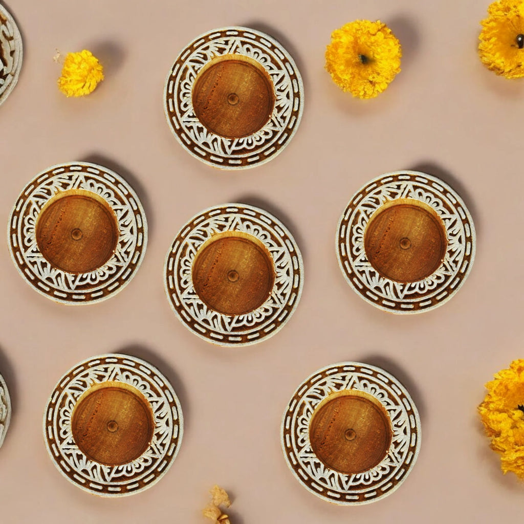 Wooden Small Round Block Diya Shape pair